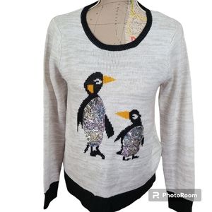 PEGUIN Sweater Size Small Marled Gray Silver Sequin Penguins Crewneck Sweater
